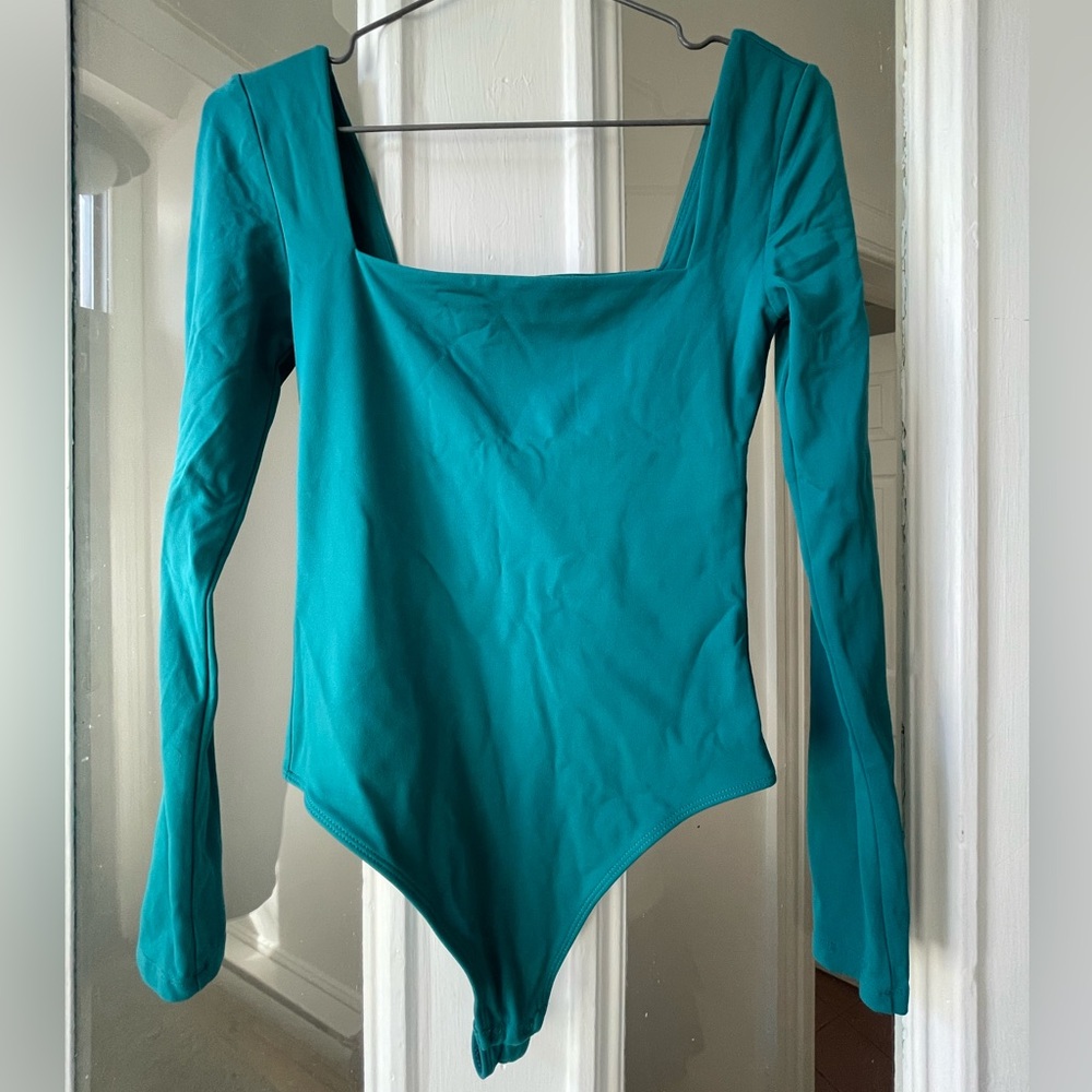 Babaton Teal Scoop Neck Long Sleeve Bodysuit